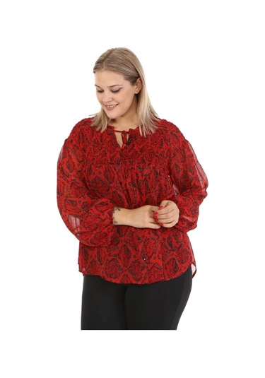 Gipe Detaylı Şifon Bluz-1490 Kırmızı