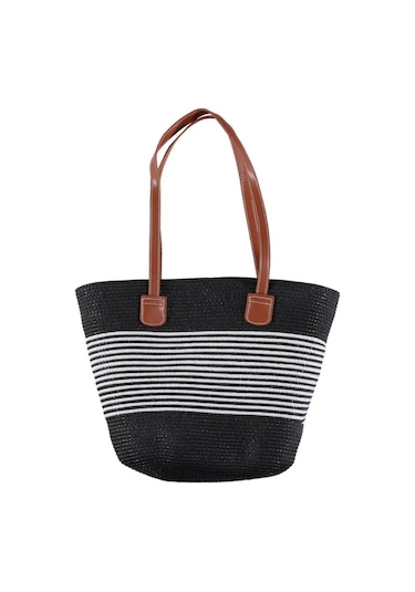 Kadın Hasır Çanta Plaj Çanta Yazlık Premium Çizgili Tasarım Hasır Siyah