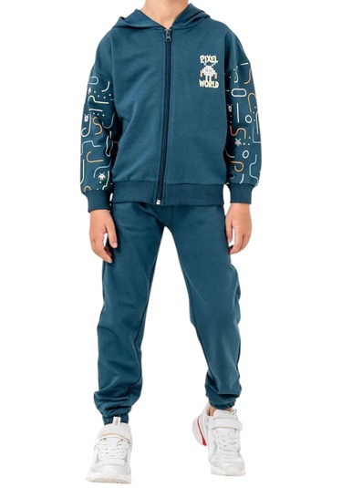Erkek Çocuk Pixel World Yazılı Fermuar Kapamalı Kapüşonlu Arka Cebi Desenli Eşofman Takımı Yeşil
