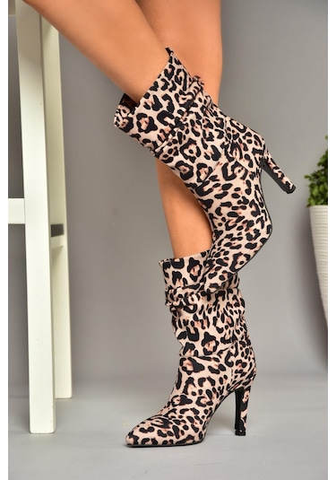 Fox Shoes R404020304 Leopar Kumaş İnce Topuklu Büzgülü Kadın Bot Leopar-kumaş Leopar