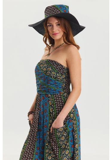 Straplez Göğüs Cep Detaylı Kloş Elbise M