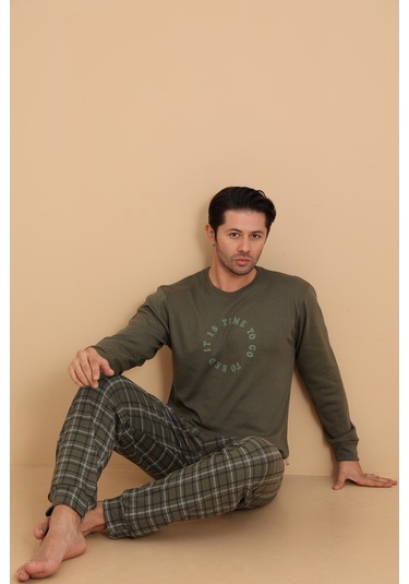 Falkom 7003 İnterlok Kışlık Ekose Pijamalı Erkek Pijama Takımı Haki