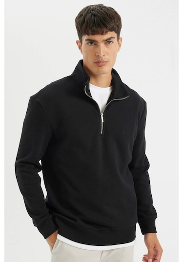 DeFacto Comfort Regular Fit Rahat Kalıp Fermuarlı Dik Yaka Basic Düz Sweatshirt X7405AZ24AUBK81
