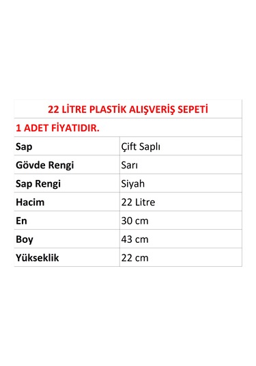22 Litre Plastik Market Alışveriş El Sepeti Sarı 1 Adet / En:30 Boy:43 Yükseklik:22 Cm Sarı