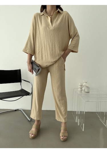Kadın Polo Yaka Üst Pantolon Ikili Takım Bej
