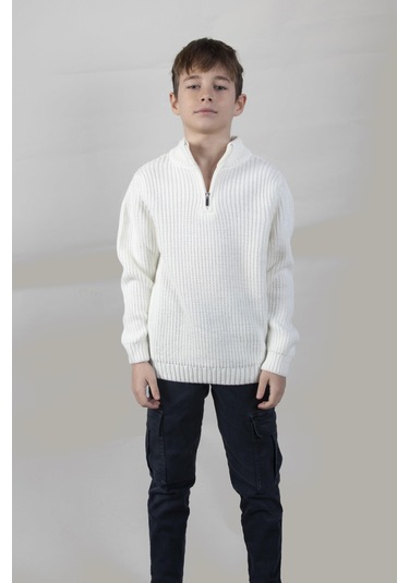 Alexandergardı Dik Yaka Fermuarlı Erkek Çocuk Kazak C23-7108 Beyaz