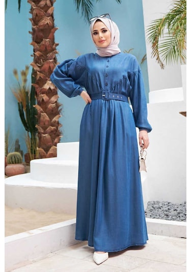 Neways 6586-Büzgülü Elbise Koyu Mavi