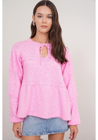 6950 Kadın Yakası Bağcıklı Pileli Triko Kazak Pembe Pembe