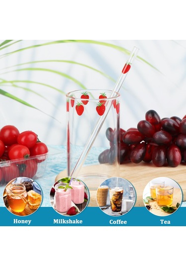 300ml Pipetli Cam Süt Şişesi, Sevimli Yeniden Kullanılabilir Çilek Meyve Bardakları Şeffaf Gl