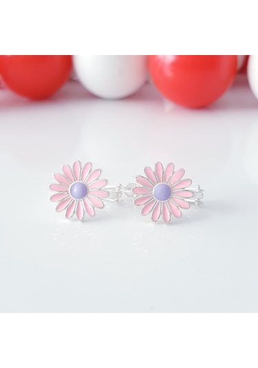 MAGRİB pembe ve mor renkli papatyalı gümüş çocuk küpesi