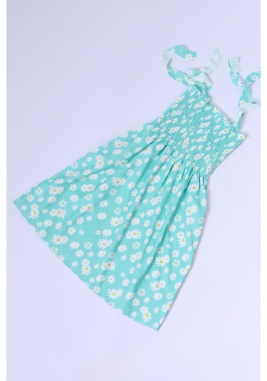 Kız Çocuk Askılı Elbise Çiçek Desenli B35 Hcm00119 SU YEŞİLİ