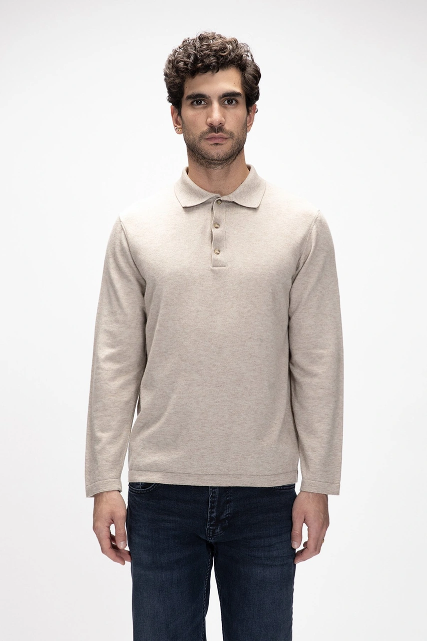 Kuger Bej Polo Yaka Erkek Triko Kazak Bej