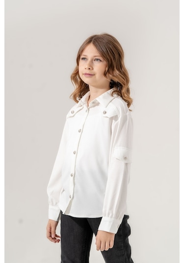 Kız Çocuk Cep Süslü Gömlek 3140 Beyaz