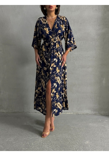 Kadın Kruvaze Yaka Yırtmaçlı Uzun Yazlık Elbise Lacivert