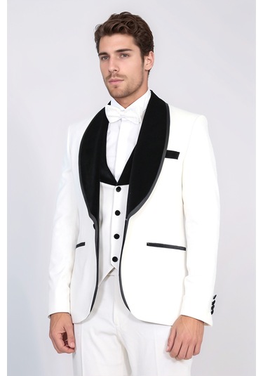 Klasik Kadife Yaka Beyaz Smokin Takım - Wessi Mavi