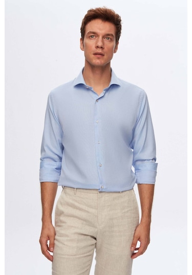D'S Damat Ds Damat Slim Fit Mavi Italyan Yaka Armürlü Uzun Kollu Kolay Ütülenebilir Nefes Alan Dört Mevsim Göm 2HF02ORT3185 Mavi