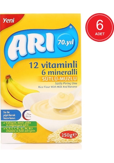 Arı 12 Vitaminli 6 Mineralli Sütlü Muzlu 6+ Ay Pirinç Unu 6 x 250 G