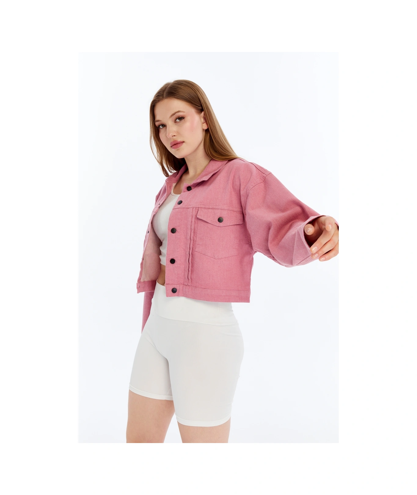 Kadın Bomber Gabardin Ceket Çıt Çıt Düğmeli Kolej Kot Ceket Cepli Renkli Kolay Kombinlenebilen Ceket Pembe