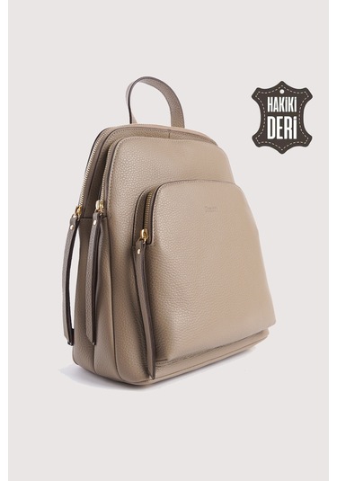 Hakiki Deri Kadın Sırt Çantası Vizon Smr9209 Vizon