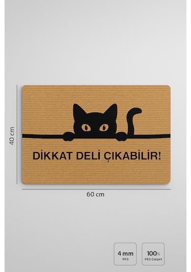 Kedili Paspas Kapı Önü Paspası Kitty Kapı Önü Kaymaz Paspas Dikkat Deli Çıkabilir Paspas Açıkkahverengi - Bej