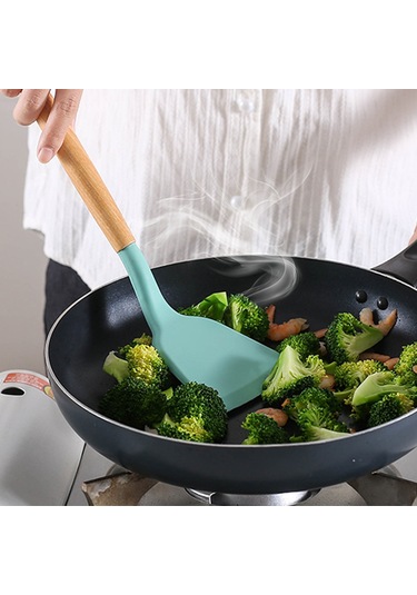 Isıya Dayanıklı Silikon Mutfak Gereçleri, Ergonomik Ahşap Saplı Toksik Olmayan Pişirme Gereçleri, Yapışmaz Tencere, Kaşık Ve Çorba Kepçesi İçin Mükemmel