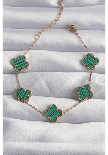 316l Çelik Gold Renk Çizgili Yeşil Mineli Yonca Bileklik - Tj-bb6260 Gümüş