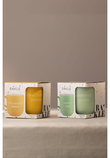 Rakle Mottolu Seramik 2'li Kupa Seti Yeşil-sarı 400 Cc Renkli