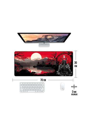 Japon Samuray Oyun Gaming Klavye Mouse Pad Kaymaz Taban Kenarları Dikişli Su Geçirmez Masa Matı 70x30 Cm
