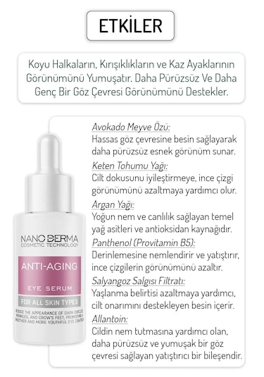 Nanoderma Yaşlanma Karşıtı Serum Göz Çevresi Göz Altı Serumu Kırı