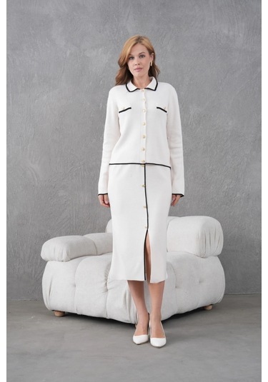 Kadın Polo Yaka Düğme Detay Ceket Uzun Etek İkili Triko Takım Taş