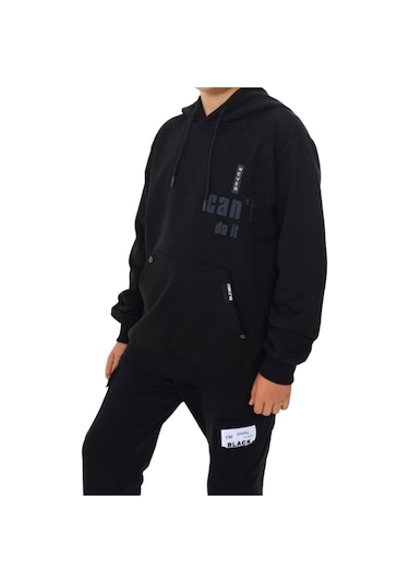 Erkek Çocuk Kapüşonlu Kanguru Cepli Can't Do It Yazılı Sweatshirt-13386-siyah Siyah