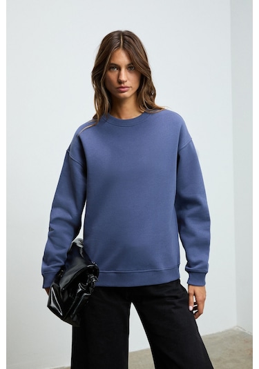 SUSANA Kadın Bisiklet Yaka İçi Polarlı Oversize Fit Basic Lacivert Sweatshirt