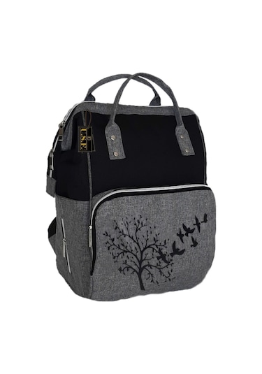 U.S.F Lüx Fonksiyonel Anne Bebek Bakım Sırt Çantası Kuş Desenli Gri - Siyah