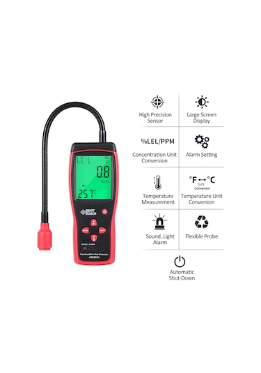 Smart Sensor Akıllı Sensör Portatif Yanıcı Gazlar Kaçak Dedektörü Siyah Kırmızı