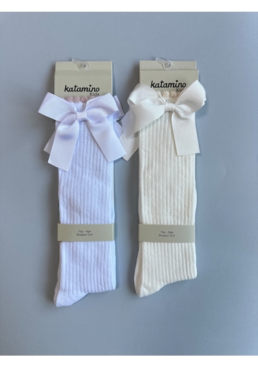 Kurdelalı 2'li Kız Çocuk Dizaltı Çorap Seti - Krem Krem