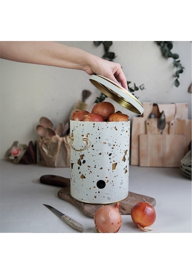 Terrazzo Cream Desenli Metal Soğanlık, 17.5 X 22.5 Cm, 5 Lt