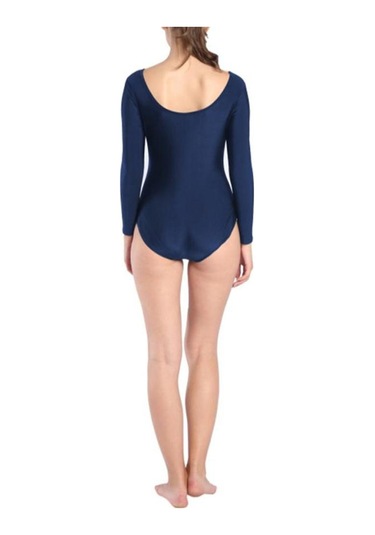 Suntek Kadın Jimnastik Mayoları Uzun Kollu Dans Atletik Bodysuit Koyu Mavi