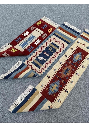 El Dokuma Dekoratif Kilim Seti 3 Adet Renkli %100 Yün Kilim
