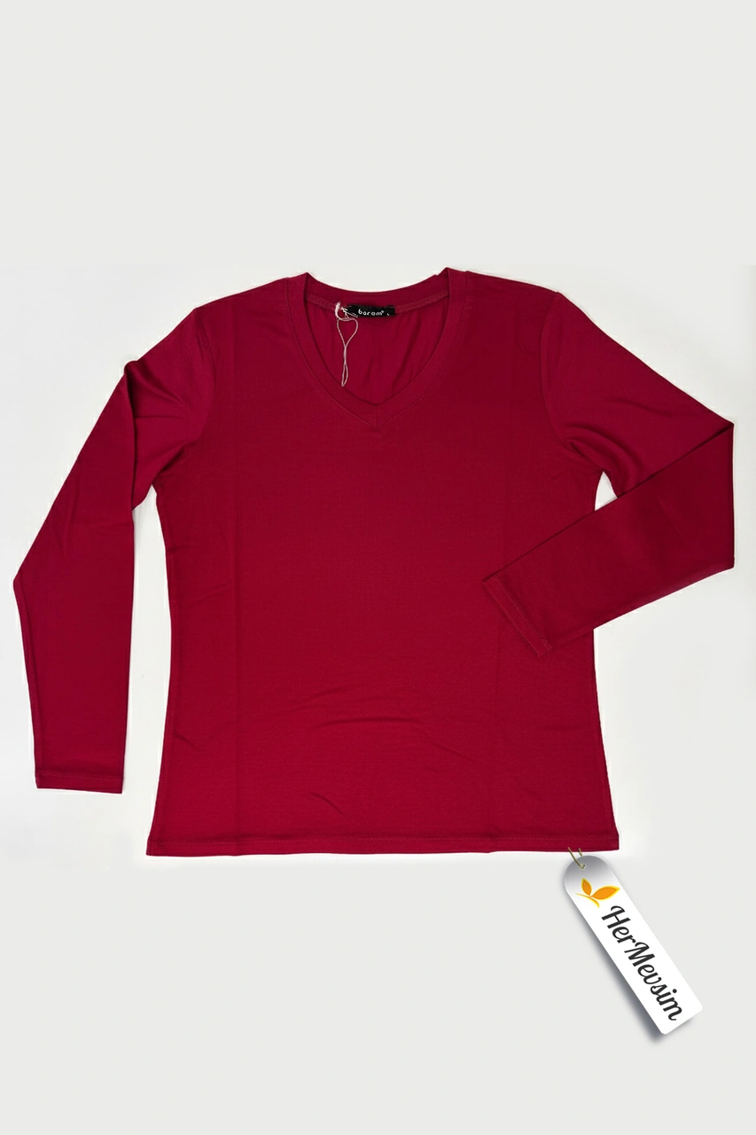 Hermevsim Kadın Bade V Yaka Dar Kalıp Koyu Kırmızı Penye Bluz Koyu Kırmızı