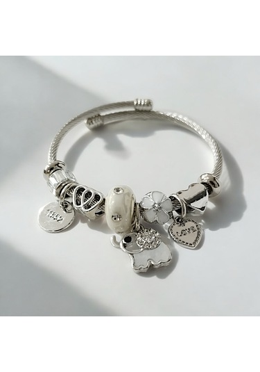 Kadın Çelik Charm Bileklik Bilezik Fil Figürlü Ekru Çelik