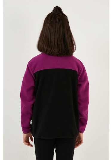 Lela Yumuşak Dokulu Fermuarlı Renk Bloklu Dik Yaka Cepli Hırka Unisex Çocuk Polar 5905001 Mor-Siyah