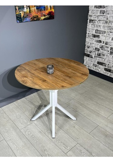 Saray Ceviz Beyaz Yuvarlak Mutfak Masası Yemek Masası Balkon Masası Metal Beyaz Ayak 80 Cm