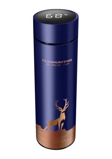 Hangfox Akıllı Led Ekranlı Termal Bardağı - 500ml Sıcaklık Göstergeli, Sızdırmaz, Geyik Desenli Koyu Mavi