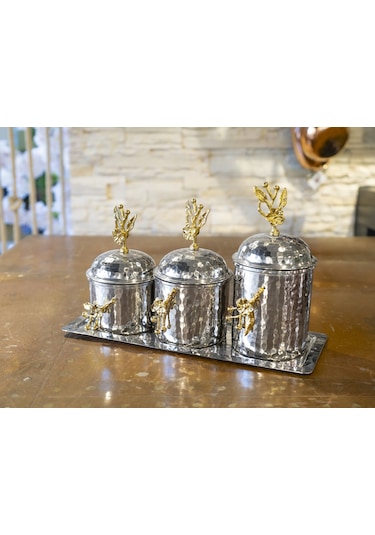 3'lü Çiçekli Baharatlık Takımı Gümüş