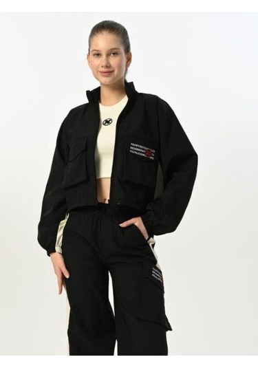 Kız Çocuk Paraşüt Kumaş Cepli Crop Ceket Pantolon Takım-15517 Siyah