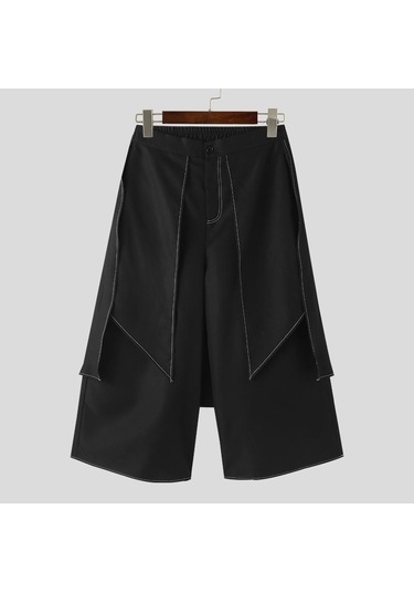 Incerun Sonbahar Sahte İki Parçalı Pileli Düzensiz Etek Uzun Pantolon Siyah