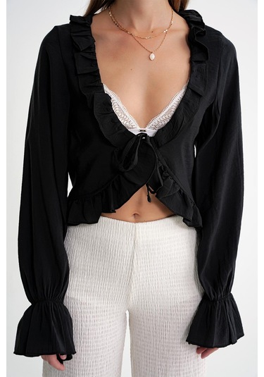 4712 Kadın Volanlı Modal Bolero Bluz Siyah Siyah