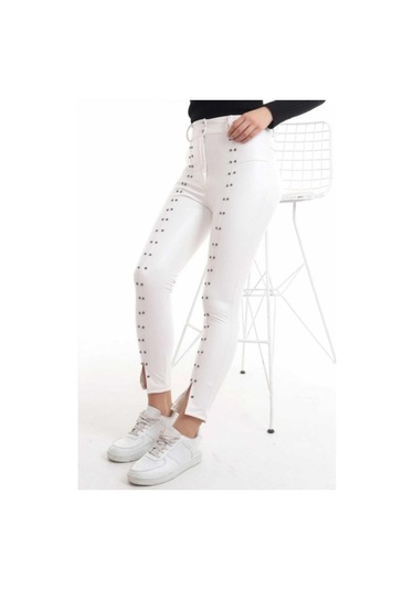 Munn Collection Beyaz Taş İşlemeli Deri Tayt Beyaz