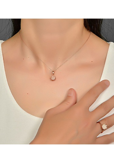Rose Altın Kaplama Beyaz Lotus Çiçeği Kadın Kolye Yüzük  Set Rose Gold