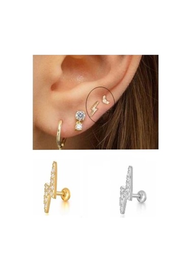 Zirkon Taşlı Şimşek Figürlü Tragus Helix Piercing Kıkırdak Küpesi 001